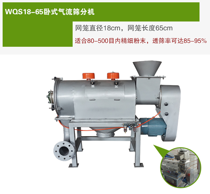WQS18-65臥式氣流篩分機(jī)網(wǎng)籠直徑為18cm，網(wǎng)籠長度為65cm